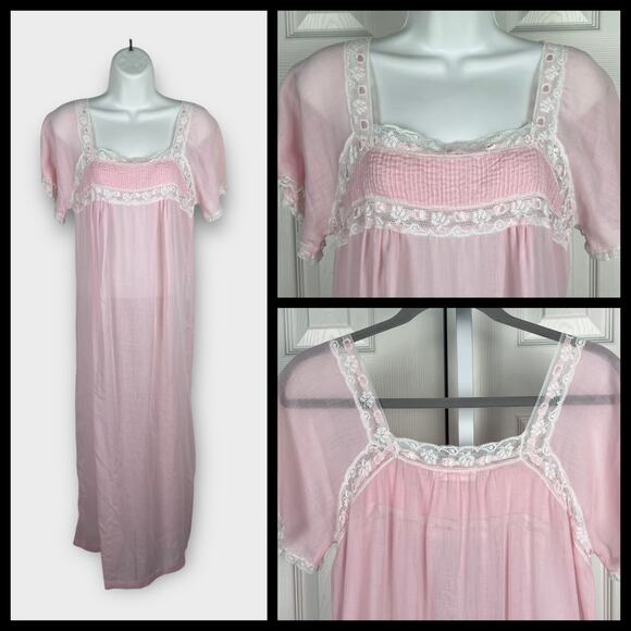70’s Bert Yelin for Iris Nightgown Small Pink Lace Romantic Prairie Cottagecore - Picture 1 of 9